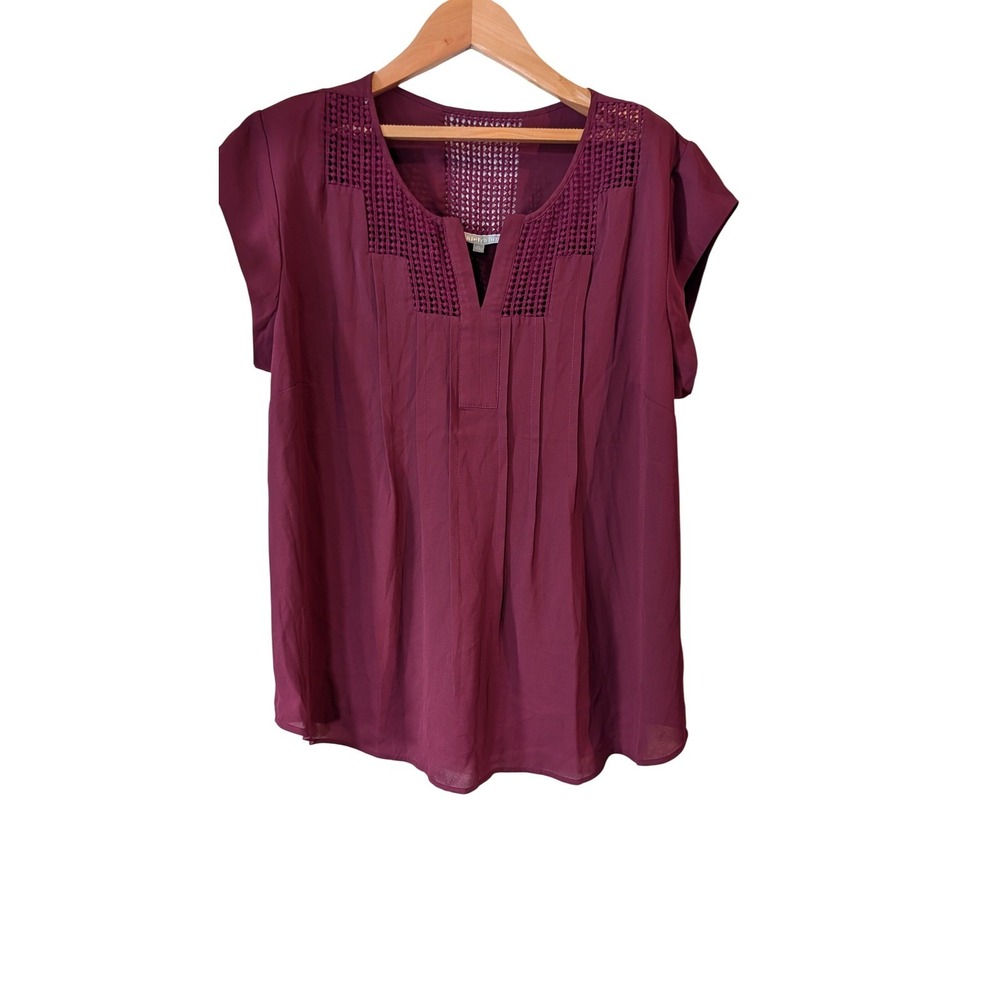 Daniel Rainn Womens XL Burgundy Crochet Lace Split Neck Cap Sleeve Blouse Top